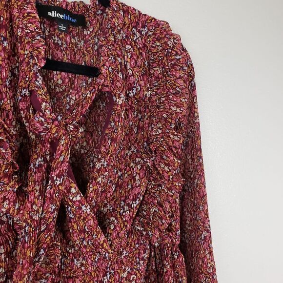 Women's Alice Blue Ruffle Floral Pop Over Front Tie Business casual Red Shirt - Picture 12 of 13